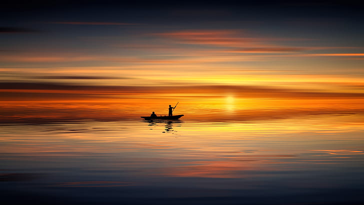 orange sky, sunset, horizon, afterglow, fisherman, evening, HD wallpaper