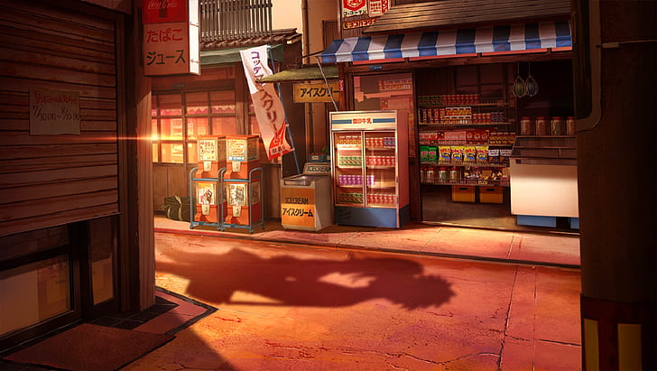 48x2732px Free Download Hd Wallpaper Anime Shadow Alleyway Stores Sunset Wallpaper Flare