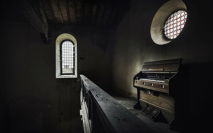 Architecture, Building, Interiors, Window, Abandoned, Piano, Spiderwebs, Wooden Surface, Walls