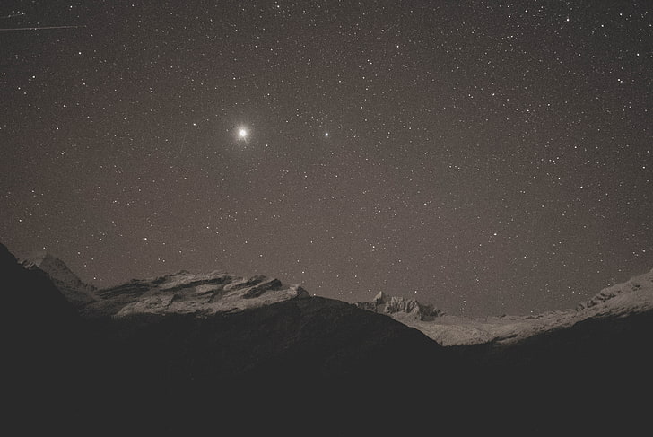 mountains, snow, stars, night sky, landscape, star - space