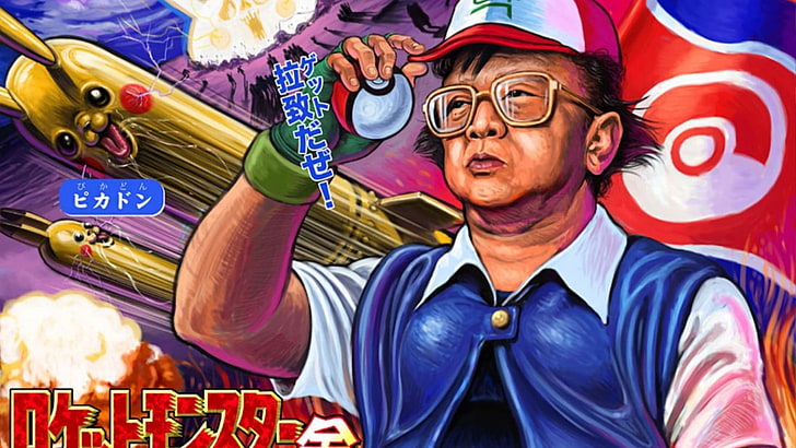 men's red cap, Kim Jong-il, Pokémon, Pikachu, Poké Balls, artwork, HD wallpaper