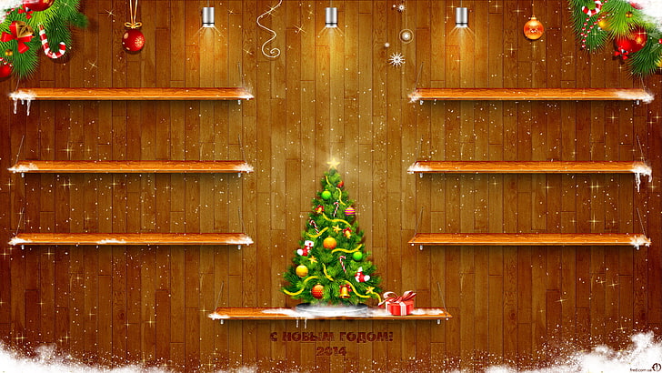 multicolored Christmas tree wallpaper, light, snow, texture, shelves