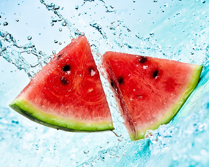 two watermelon slices, spray, summer, fruit, freshness, food, HD wallpaper