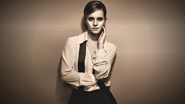 woman's face, Emma Watson, blouses, sepia, women, brunette, actress, HD wallpaper