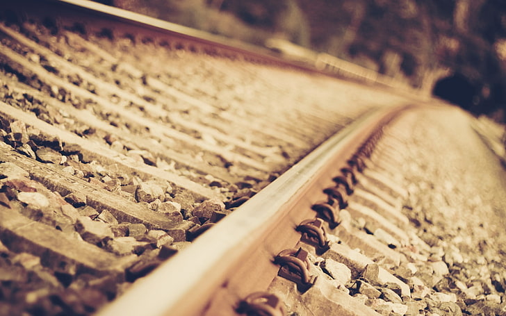 brown train track, railway, selective focus, wood - material