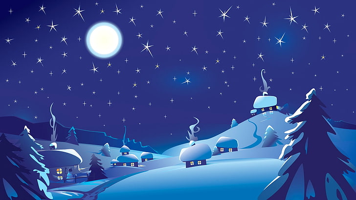 house covered with snow during night illustration, digital art