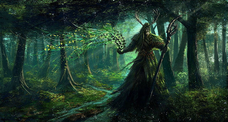 game character illustration, fantasy art, druids, tree, forest