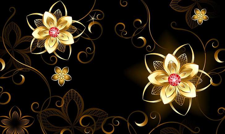 gold petaled flower clipart, flowers, background, patterns, 3D Graphics, HD wallpaper