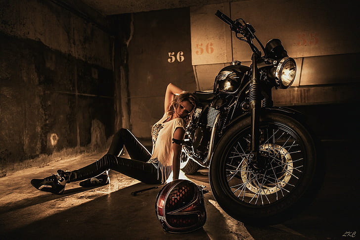 model, legs, curly hair, Laurent Kacé, motorcycle, blonde, HD wallpaper