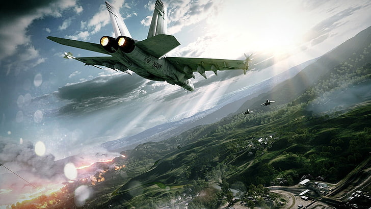 gray aircraft, battlefield, aviation, airplanes, sky, wildfire, HD wallpaper
