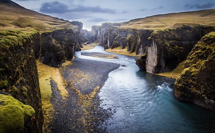 Iceland, Fjadrargljufur Canyon, green mountain, Europe, Travel