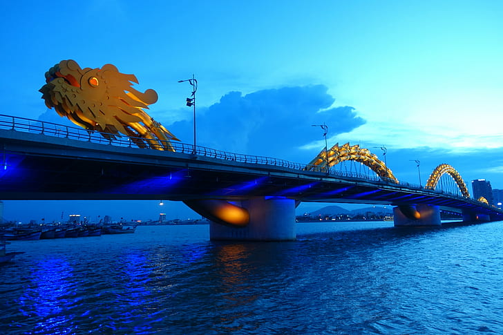 architecture, bridge, water, river, dragon, Danang, Vietnam, HD wallpaper