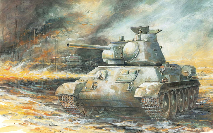 gray battle tank painting, figure, art, USSR, WWII, Soviet, WW2., HD wallpaper
