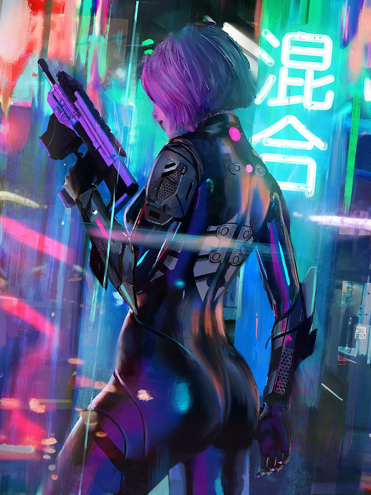 neon, synthwave, cyberpunk, back, Japan, digital art, ass, arched back, HD wallpaper