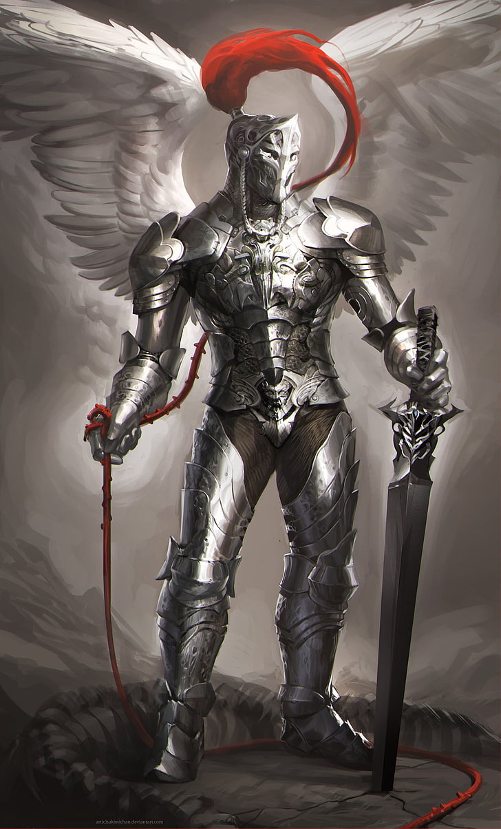 medieval knight with wing, Sakimichan, realistic, indoors, headwear