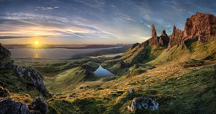 landscape, grass, sea, rock, mountains, Skye, nature, sunlight, HD wallpaper