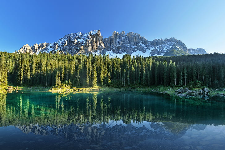 Forest, Lake, Mountains, Reflections, Huawei MateBook X, Stock HD wallpaper