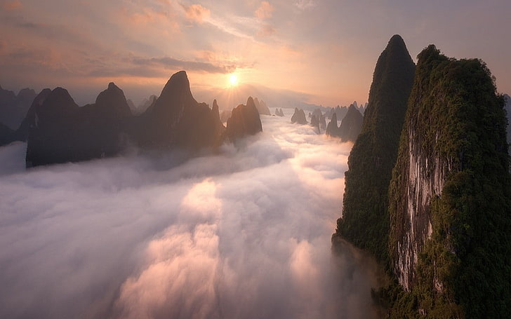 nature, landscape, mountains, mist, clouds, China, sky, beauty in nature, HD wallpaper