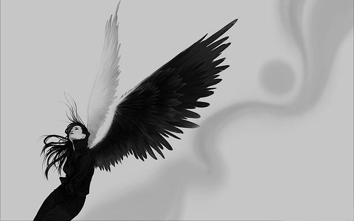 woman with black wings illustration, angel, white, girl, feather