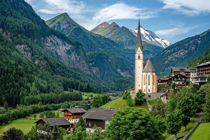 mountains, home, Austria, valley, village, Alps, Church, Carinthia, HD wallpaper