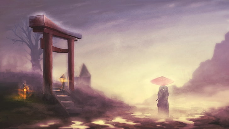 couple anime character holding umbrella digital wallpaper, Samurai Champloo