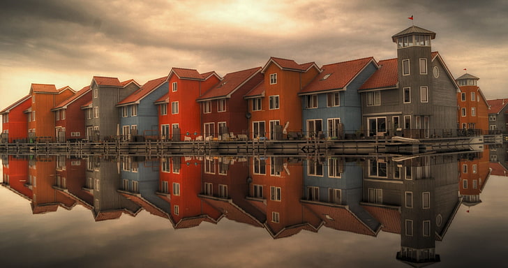 red and black wooden house, lake, reflection, architecture, building exterior