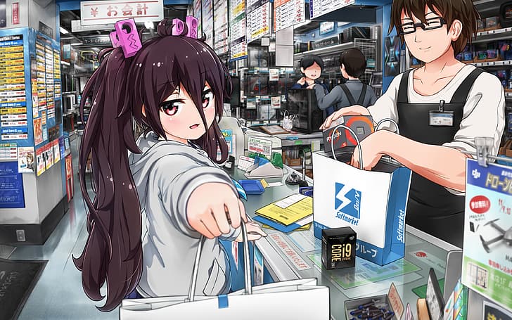 anime, anime girls, brunette, red eyes, supermarket, Intel