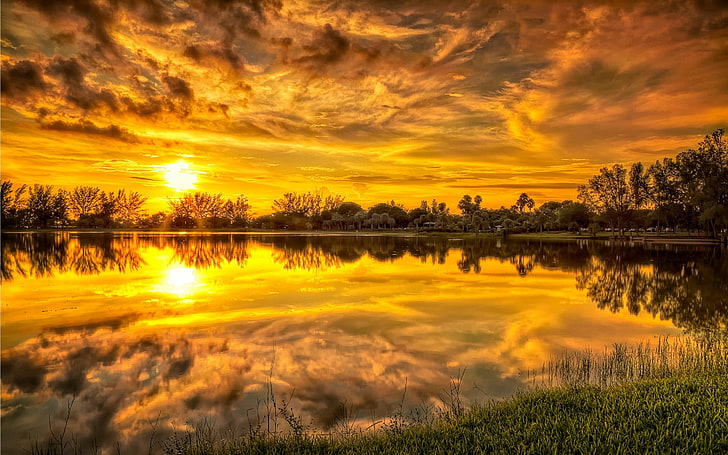 Sunset Calm Lake Trees Grass Yellow Sky Clouds Reflection In Water Free Wallpaper Backgrounds 2880×1800, HD wallpaper
