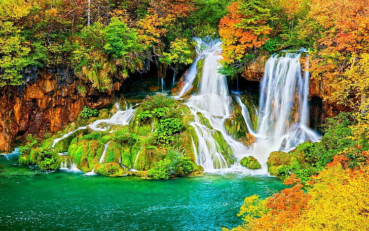 Autumn Waterfall Forest Trees Shrubs With Yellow And Red Leaves Rocks Green Moss Turquoise National Park Plitvice Croatia Landscape From Europa, HD wallpaper