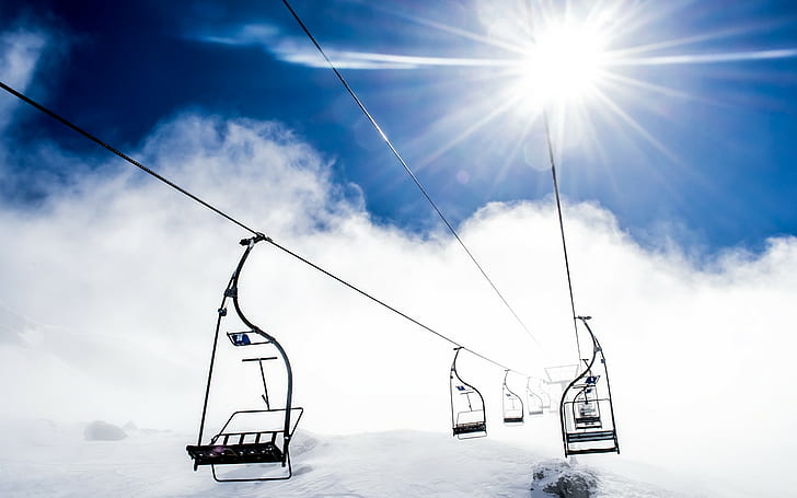 ski lifts, sunlight, clouds, winter