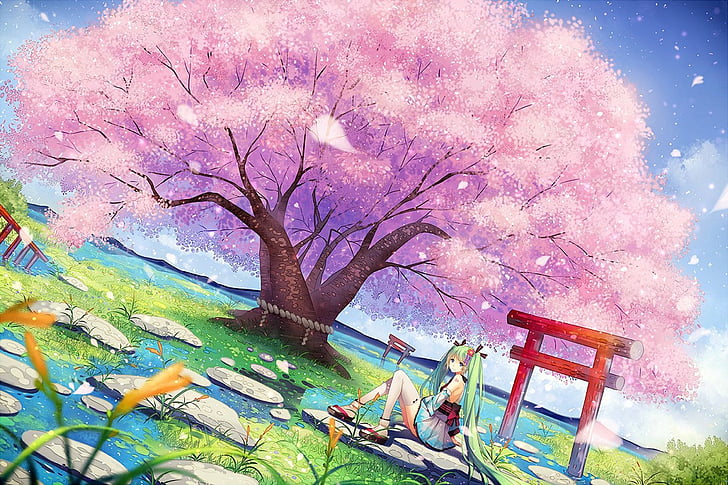 blossoms, cherry, clothes, grass, green, hair, hatsune, japanese