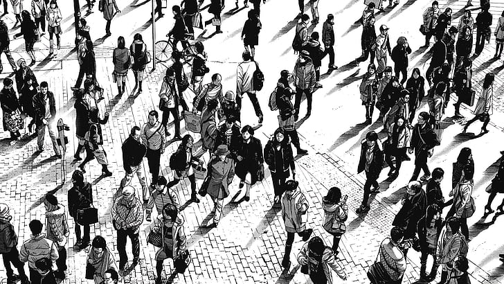group of people, monochrome, manga, walking