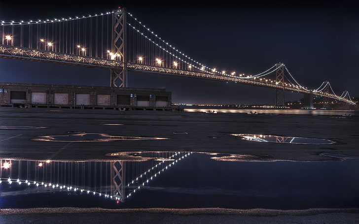 bridge, night, San Francisco-Oakland Bay Bridge, pond, reflection