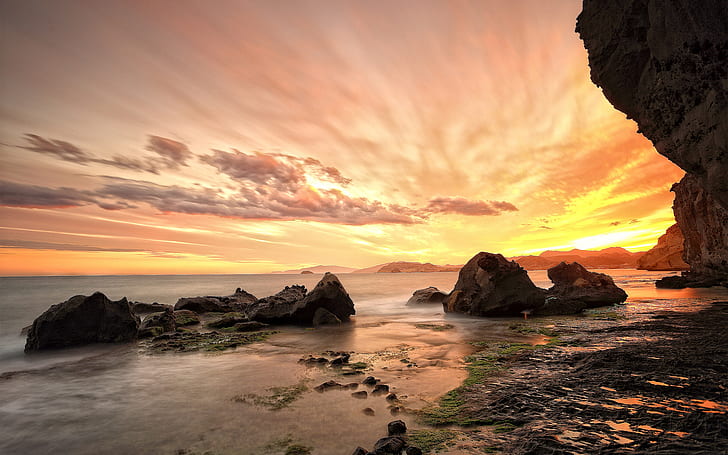 Sunset Beach Shore Rocks Stones Ocean HD, nature, HD wallpaper