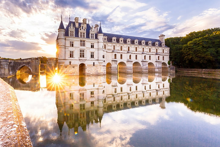 Castles, Château De Chenonceau, Building, France, Reflection