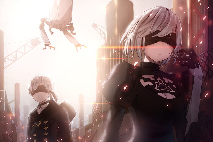 female anime character, 2B (Nier: Automata), black dress, blindfold, HD wallpaper