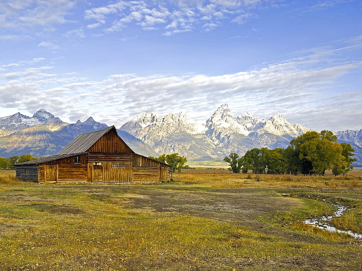 brown wooden house, wyoming, field, mountain, nature, landscape