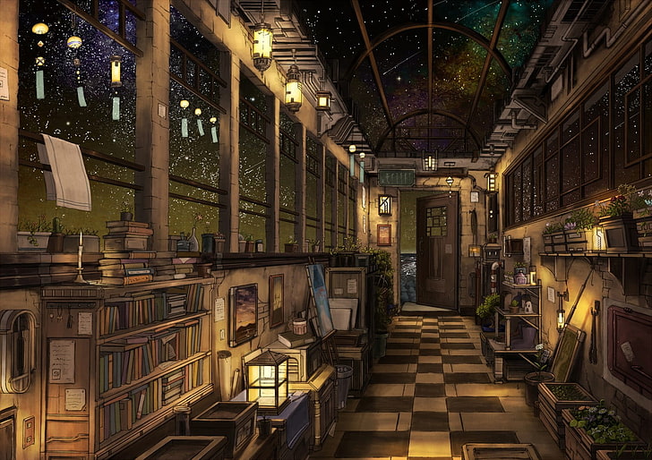 books inside room with shelf and cabinet, fantasy art, anime, HD wallpaper