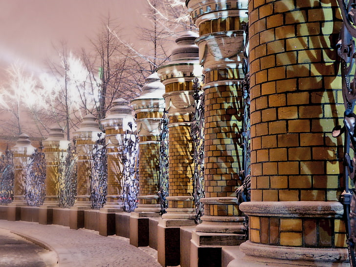 brown brick pillars, winter, light, snow, Saint Petersburg, Church of the Savior on Blood