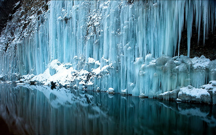 icicles, water, reflection, cold, snow, ice, cold temperature, HD wallpaper