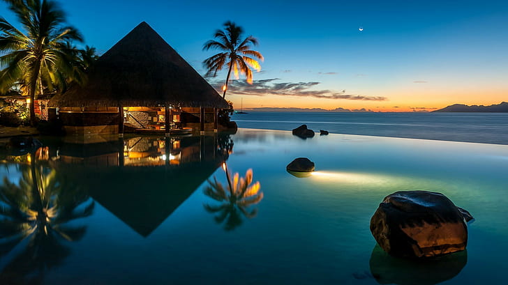 bungalow, palm trees, sea, stones, sunset, horizon, HD wallpaper