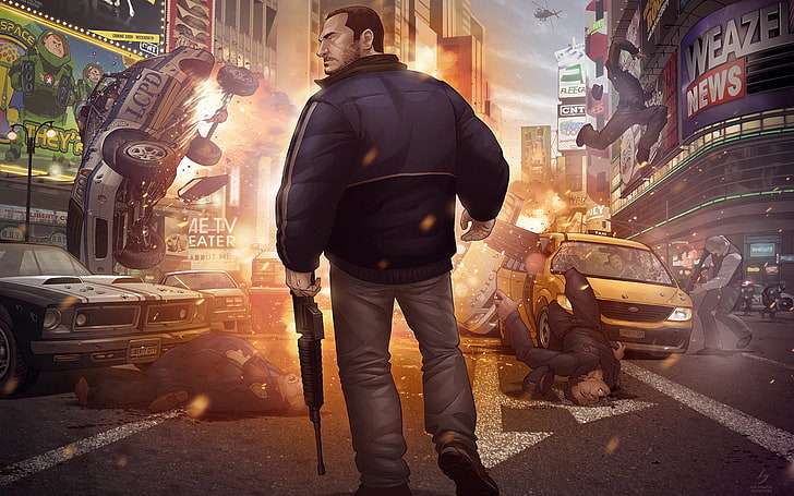 GTA digital wallpaper, the explosion, police, taxi, center, patrick brown