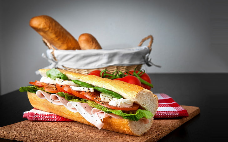 vegetable sandwich, food, Mozzarella, tomatoes, lettuce, bread, HD wallpaper