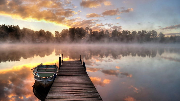 boat, pier, mist, fog, lake, morning, sunrise, calm, reflection