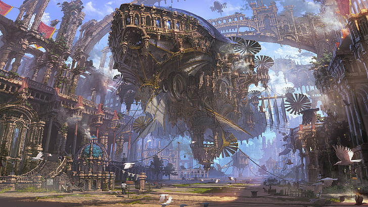 city, airships, ruin, futuristic, fantasy art, steampunk airship