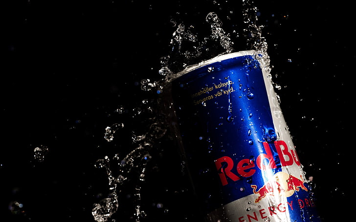 Red Bull energy drink can, brand, text, communication, night
