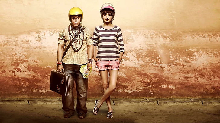 Anushka Sharma Aamir Khan PK Movie, man and woman standing behind the wall picture, HD wallpaper