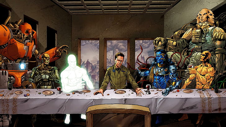 Supergod Last Supper, cartoon character sitting down painting