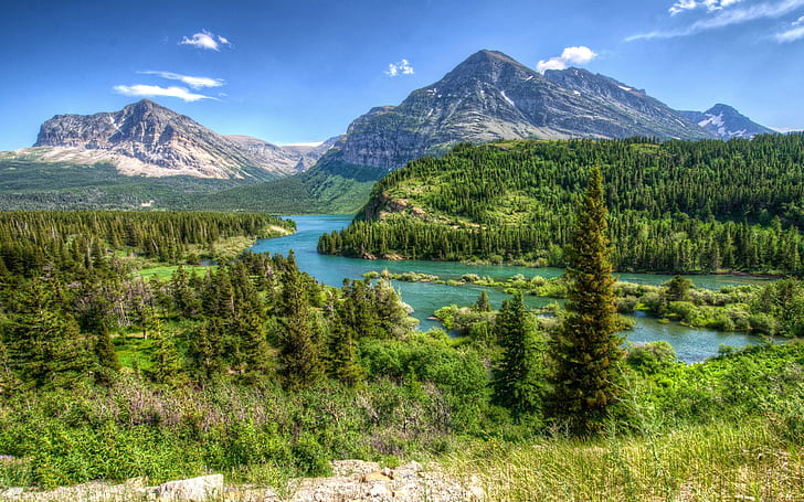 Montana, USA, park, trees, mountains, river, clouds, HD wallpaper