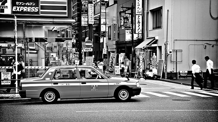 sedan, japan, tokyo, vintage, street, cars, people, black white, HD wallpaper